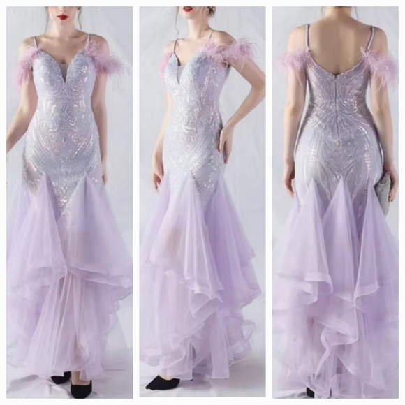 Purple, V Neck, Abstract Print, Ostrich Feathers, Tulle, Mermaid Gown - Picture 1 of 15